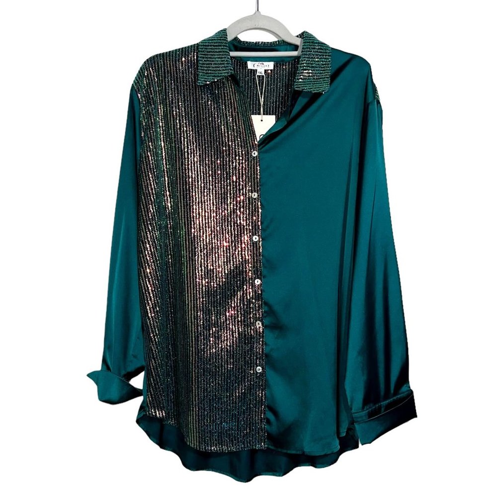 GeeGee Plus - Women's Size 1XL Green Sequins Long Sleeve Button Up Blouse